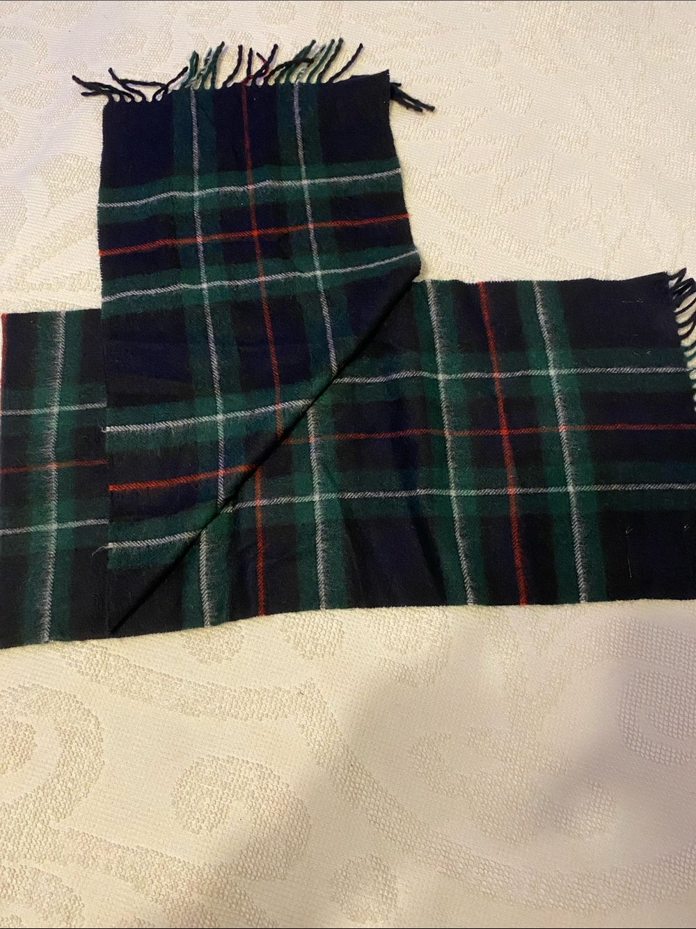 Plaid Fringe 100 💯 Cashmere Scarf in Dark Green and Navy
